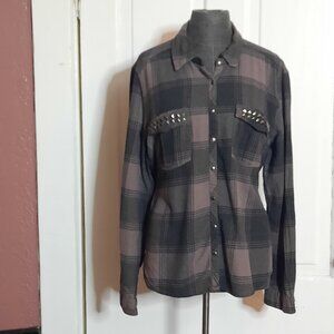 Maurices Women's XL Gray Purple Plaid Flannel Shirt, 90s Style Studded Pockets